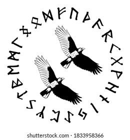Flying Black Raven and ancient Scandinavian runes, isolated on white, vector illustration