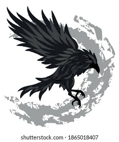 Flying black raven with gray brush strokes in background. Vector