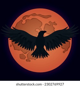 Flying black raven in a moonlight of the red full moon vector illustration