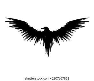 Flying black raven silhouette isolated on a white background.