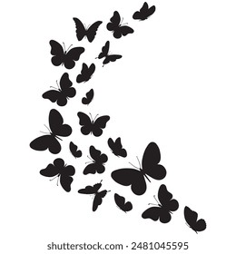 Flying black silhouettes of butterflies insect. Vector design element. Flock of butterflies on white background. Baby shower design elements. Party invitation, birthday decoration, decor,kids stickers