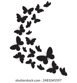 Flying black silhouettes of butterflies insect. Vector design element. Flock of butterflies on white background. Baby shower design elements. Party invitation, birthday decoration, decor,kids stickers