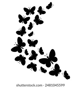 Flying black silhouettes of butterflies insect. Vector design element. Flock of butterflies on white background. Baby shower design elements. Party invitation, birthday decoration, decor,kids stickers