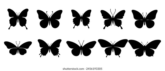 Flying black silhouettes of butterflies. Vector design element