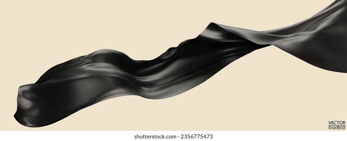 Flying black silk textile fabric flag background. Smooth elegant dark Satin Isolated on beige Background for grand opening ceremony. Black curtain. 3d vector illustration