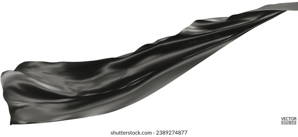 Flying black silk textile fabric flag background. Smooth elegant dark Satin Isolated on white Background for grand opening ceremony. Black curtain. 3d vector illustration