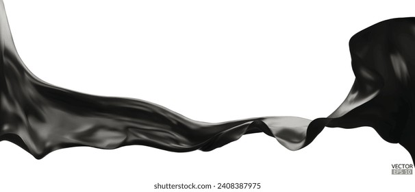 Fliegendes schwarzes Seidengewebe, Stoffflaggenhintergrund. Hübscher, eleganter, dunkler Satin einzeln auf weißem Hintergrund für große Eröffnungszeremonie. Schwarzer Vorhang. 3D-Vektorgrafik
