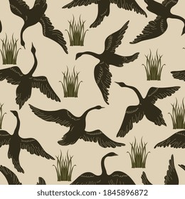 Flying Black Swan patrón vectorial sin fisuras en crema, fondo beige
