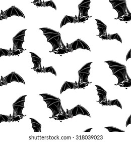 Flying Black Vampire Bat seamless pattern on white background. Cloth & rug design. Black & White style vector backdrop. Hand drawn vintage illustration. Gothic themed design. 