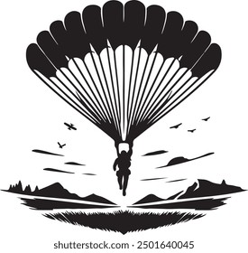 flying black and white silhouette of a man with a flying parachute