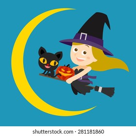 Flying black witch and cat. Big moon. Happy Halloween card. Vector illustration.