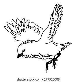 Flying black-and-white outline bird. A vector illustration