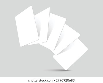 Flying Blank Playing Card and RFID Business Card Mockup Set with Floating White Poker Cards Casino Invitation and Credit Card Template Vector