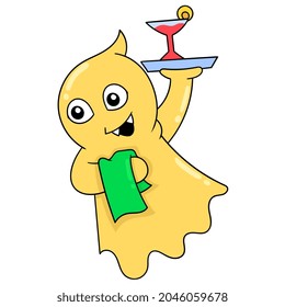 fantasma de manta voladora llevando vino sirviendo como camarero, ilustración vectorial art. doodle imagen kawaii.