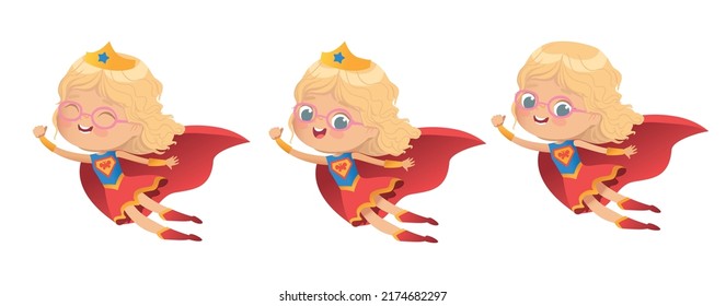 Chica rubia voladora con coloridos disfraces de superhéroe, aislada de fondo blanco. Personajes vectores de dibujos animados de Superhéroes infantiles, para fiestas, invitaciones, web, mascota