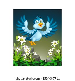 Flying Blue Bird On the Top of White Ivy Flower Cartoon
