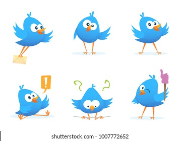 Flying blue birds in cartoon style. Cartoon blue animal bird flying with message. Vector illustration