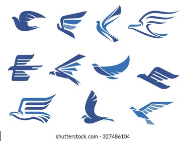 Flying Blue Birds As Eagle, Hawk, Falcon And Dove In Flight. For Business, Delivery, Transportation Or Travel Design