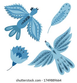 Flying blue birds in a folk art style. Flower and feather. Folklore ornamental art. Decorative elements, clip art. Vector illustration isolated on white background