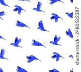 Flying blue birds on a white background seamless pattern. The topic is nature conservation. Ideal for women