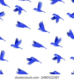 Flying blue birds on a white background seamless pattern. The topic is nature conservation. Ideal for women's and men's clothing, swimwear, children's clothing,  home decor. Vector illustration