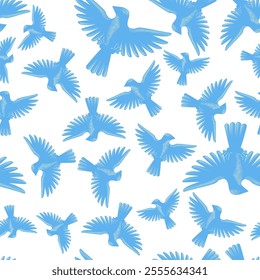 Flying blue birds on white background seamless pattern. The theme is nature conservation, freedom, flight of dreams, ecology. Vector illustration