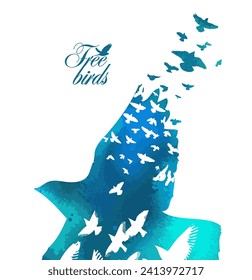 Flying blue birds silhouette flock. hand drawing. Doves of peace. Beautiful trendy abstraction of birds. Not AI. Free birds. Vector illustration