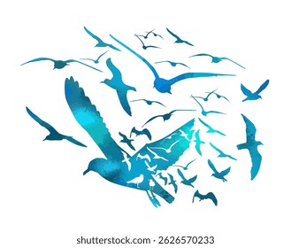 Flying blue birds silhouettes on white background. Vector illustration. isolated bird flying. tattoo design