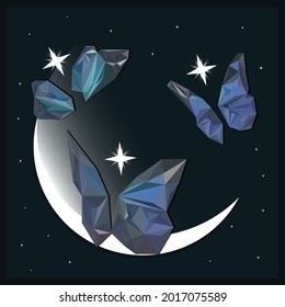 Flying blue butterflies. Low poly. Night and stars. Vector illustration.