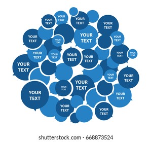 Flying blue flat text balloons in circle.