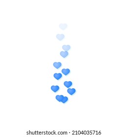 Flying blue hearts isolated on white background. A stream of hearts that gradually disappears. The concept of social networks and live broadcasts. Vector illustration.