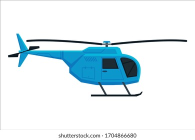 Flying Blue Helicopter, Aircraft Chopper Air Transportation Flat Vector Illustration