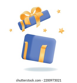 Flying blue open gift box with gold ribbon bow. Realistic 3d icon for sale concept, present, birthday or wedding banners. Vector illustration isolated on white background.