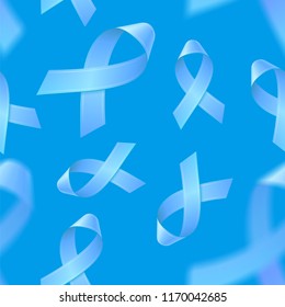 Flying blue ribbons on blue backround. Prostate cancer awareness symbol. Vector seamless pattern for your design. Realistic vector illustration. EPS10