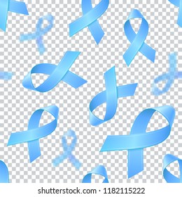 Flying blue ribbons on transparent backround. Prostate cancer awareness symbol. Vector seamless pattern for banner, poster, card. Editable vector illustration. EPS10