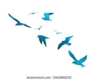 Flying blue seagulls silhouette. Vector illustration