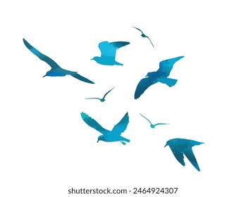 Flying blue seagulls silhouette. Vector illustration