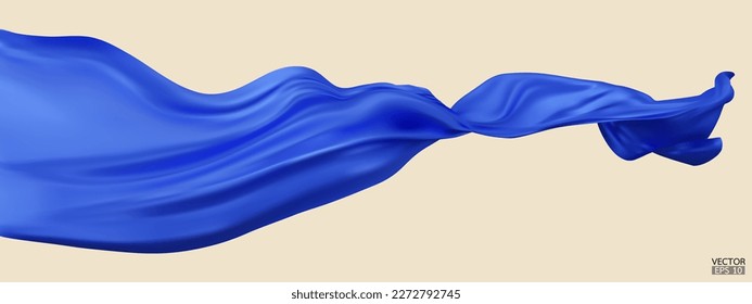 Flying blue silk textile fabric flag background. Smooth elegant blue Satin Isolated on beige Background for grand opening ceremony. Blue curtain. 3d vector illustration.