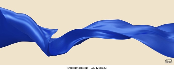 Flying blue silk textile fabric flag background. Smooth elegant blue Satin Isolated on beige Background for grand opening ceremony. Blue curtain. 3d vector illustration.