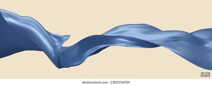 Fondo de la bandera de la tela textil de seda azul volante. Satin azul suave y elegante aislado en el fondo beige para la gran ceremonia de inauguración. Cortina azul. Ilustración vectorial 3d.