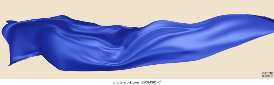 Flying blue silk textile fabric flag background. Smooth elegant blue Satin Isolated on beige Background for grand opening ceremony. Blue curtain. 3d vector illustration