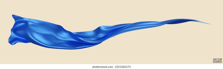 Flying blue silk textile fabric flag background. Smooth elegant blue Satin Isolated on beige Background for grand opening ceremony. Blue curtain. 3d vector illustration