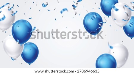 Flying blue and silver balloons, confetti and ribbons birthday celebration banner template backgrounds