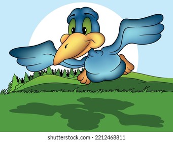 Flying Blue Smiling Bird With Green Eyes From Front View - Colored Cartoon Illustration With Background, Vector