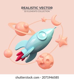 Flying blue space rocket in space with stars, planets and crescent. Spaceship launch business product on market concept. Rocket 3d icon. Realistic creative symbol of startup. Vector illustration