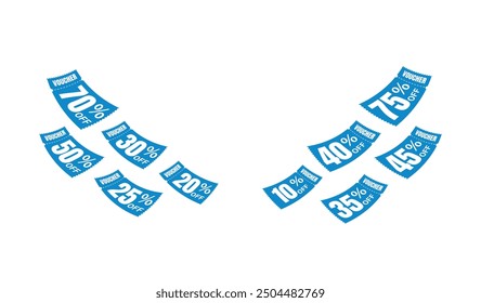 Voucher azul volador con fondo blanco, vouchers, intercambio. Descuento, compras rentables, ofertas, ofertas especiales de Precio premium Cupón de venta, vales azules. Ilustración vectorial de vales.