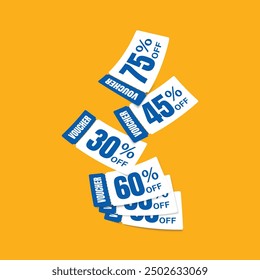 Flying blue voucher with yellow background, vouchers, exchange. Discount, profitable purchases, Offers, Special premium price offers sale coupon.