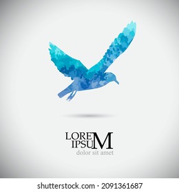 Flying blue watercolor seagull. Vector illustration