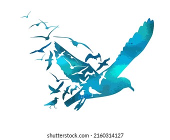 Gaviotas de color azul volador. Logo de abstracción de aves voladoras. Ilustración del vector