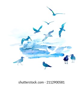 Flying blue watercolor seagulls. Vector illustration